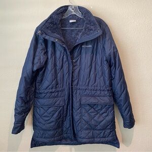 Columbia Women’s Quilted Sherpa Lined Jacket Navy L Cinched Waist Double Zip
